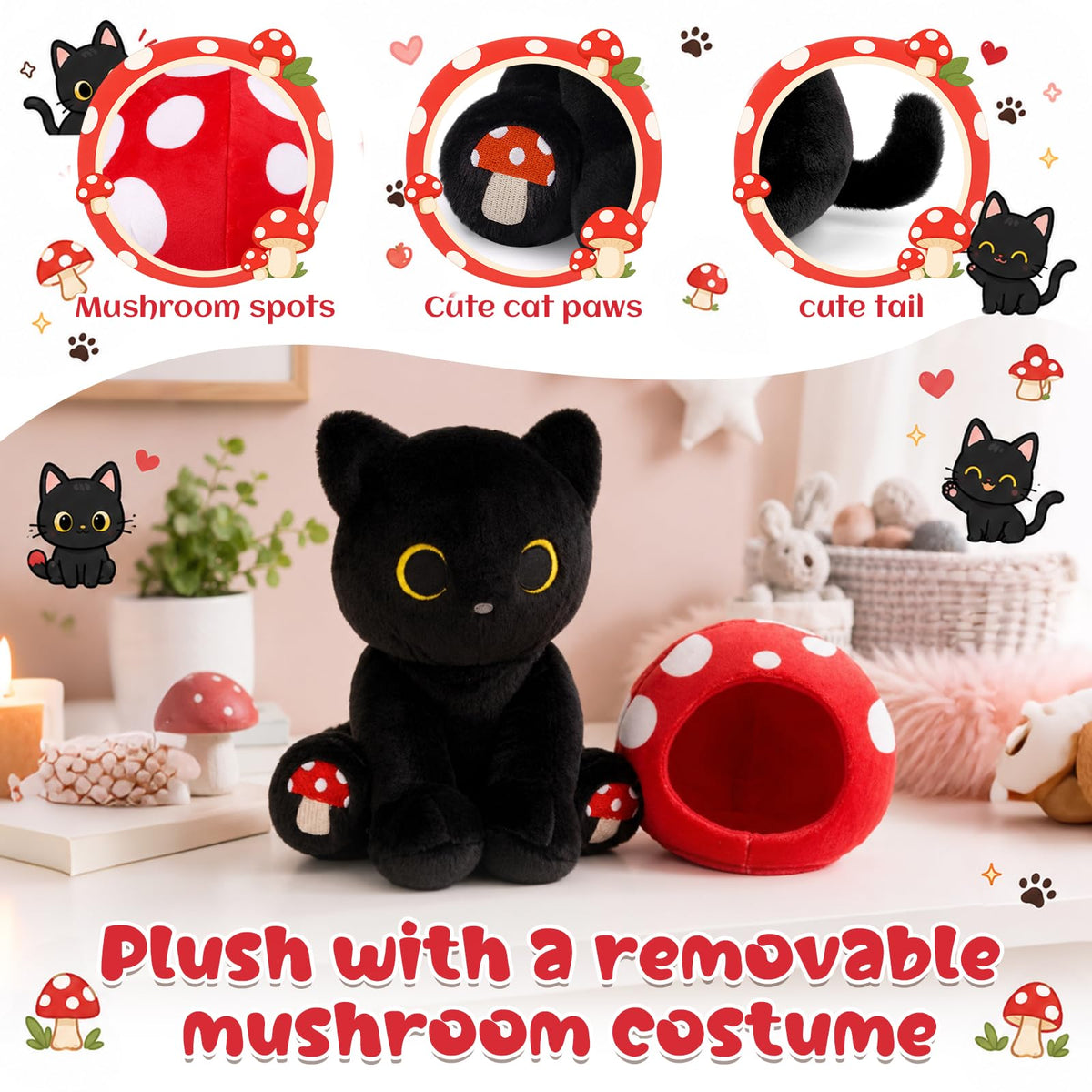 JEROKUMI Cat Mushroom Plush - 8" Black Cat Stuffed Animal