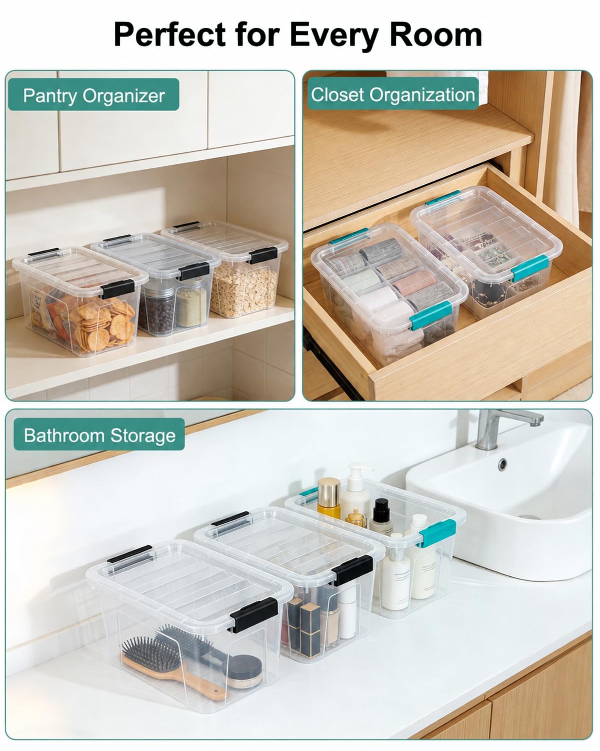 EOENVIVS Plastic Storage Bins with Lids 6 Pack, 6.7 Quart Storage Containers With Black Buckle Latch, Stackable Storage Organizers for Home Pantry Office Classroom Organization, Clear