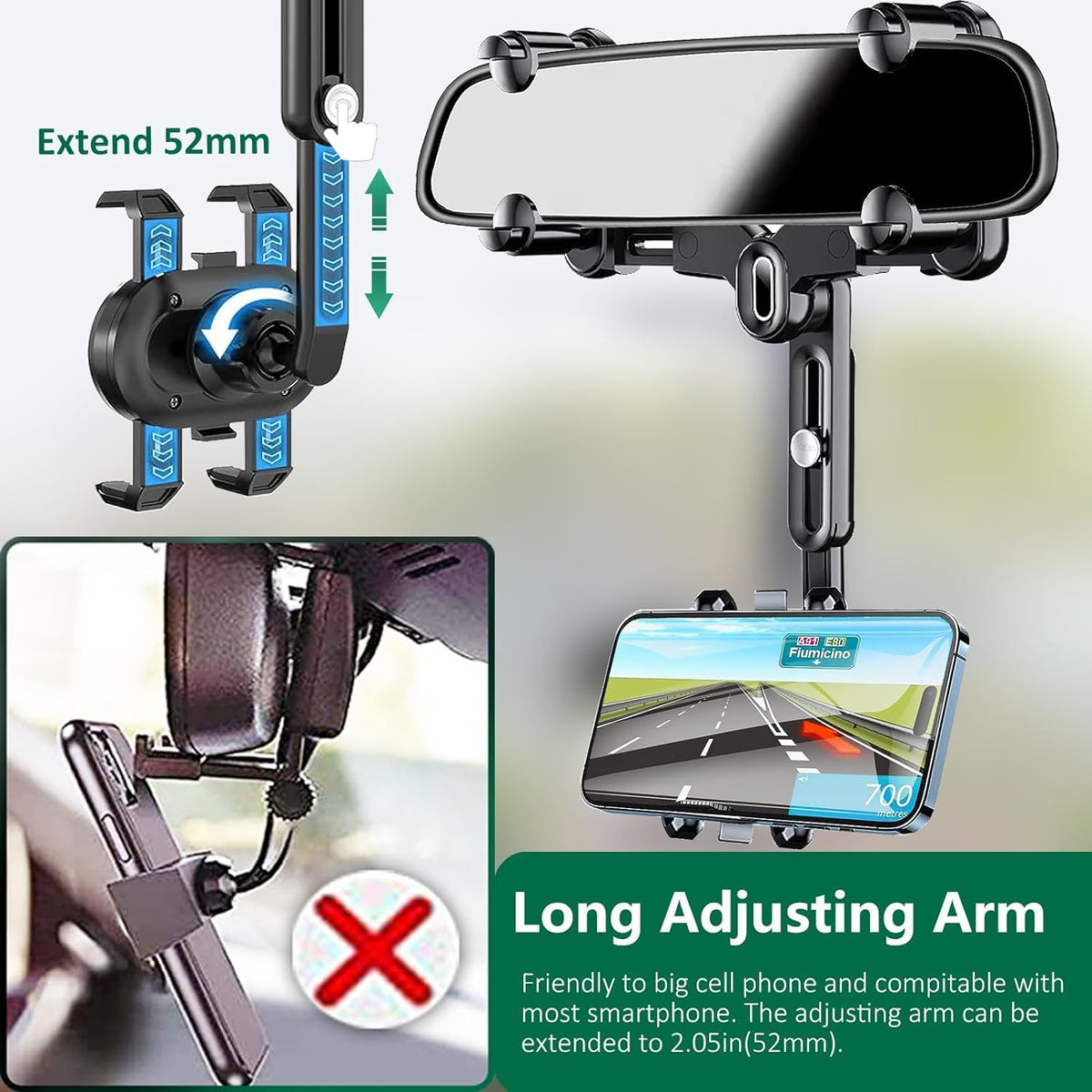 ILKCC Rearview Mirror Phone Holder for Car, 360° Rotating and Retractable Multifunctional Rear View Phone Mount, Upgraded Four Corners Fixed Anti-Shake Fit All Smartphones & Bigger Vehicle