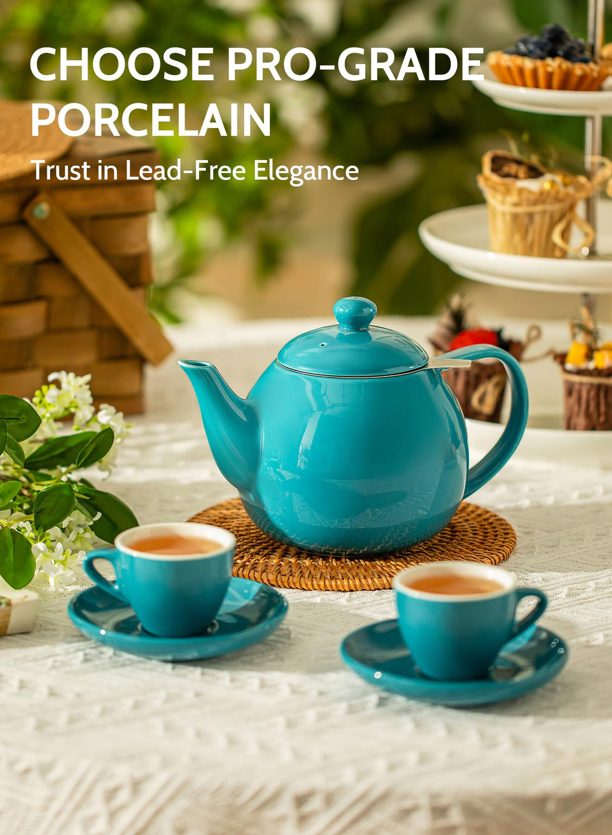Sweese Teapot, Porcelain Tea Pot with Stainless Steel Infuser, Blooming & Loose Leaf Teapot - 27ounce, Steel Blue