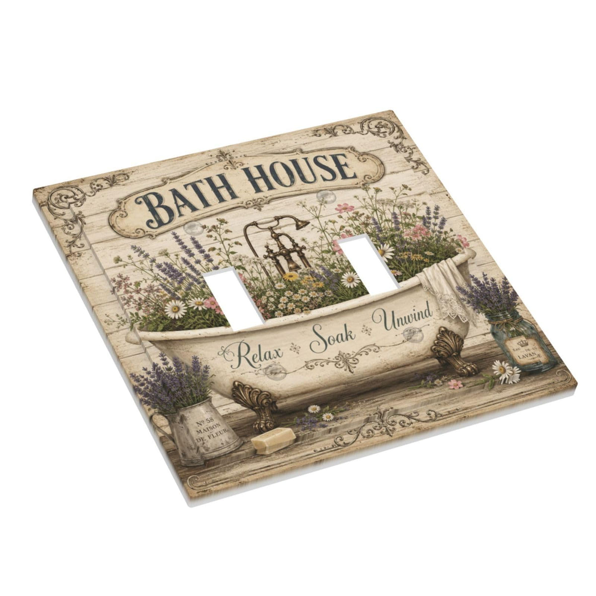 VBHUYG Decorative Light Switch Cover Plate Rustic Clawfoot Tub with Lavender Wildflowers 2 Gang Outlet Covers Double Toggle Wall Plates for Electrical Switch Plate Covers Faceplate for Home Decor