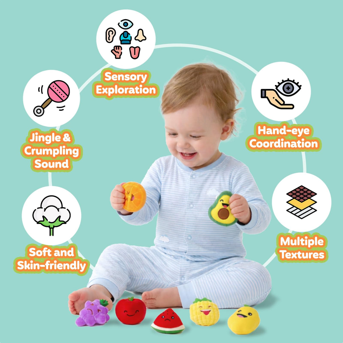 Sensory Toys for Kids, 8 Pack Mini Fruit Soft Stuffed Plush Toy for Girls or Boys as Party Decorations, Toddler Pretend Play Kitchen Food, Strawberry, Avocado, Pineapple and Orange