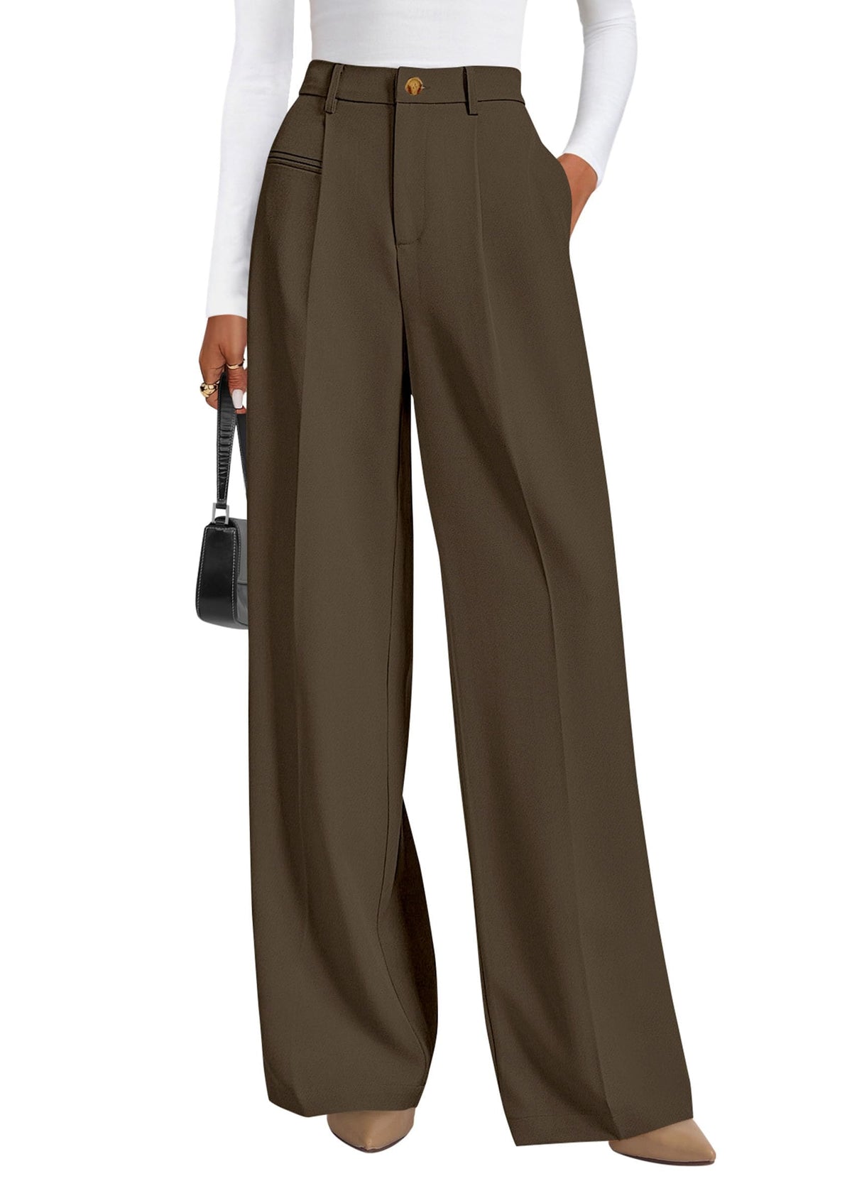 PRETTYGARDEN Women's Tailored Wide Leg Work Dress Pants,Coffee,M