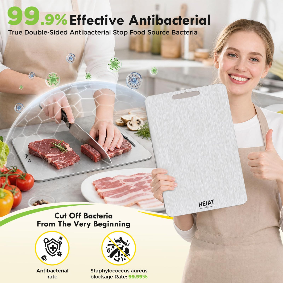Non-Toxic Titanium Cutting Board 10” x 6”, 100% Pure Titanium Cutting Boards for Kitchen, Double-Sided Chopping Boards for Meat, Vegetables, Fruits, Handles Included, Dishwasher Safe