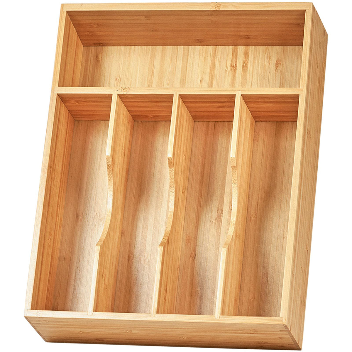 Umilife Kitchen Drawer Organizer, 10 Inch Silverware Utensil Tray Holder, Extra Deep, with Non-Slip Feet & Grooved Drawer Divider, 5 Slots Total Bamboo Wood Caddy for Flatware Cutlery Knives