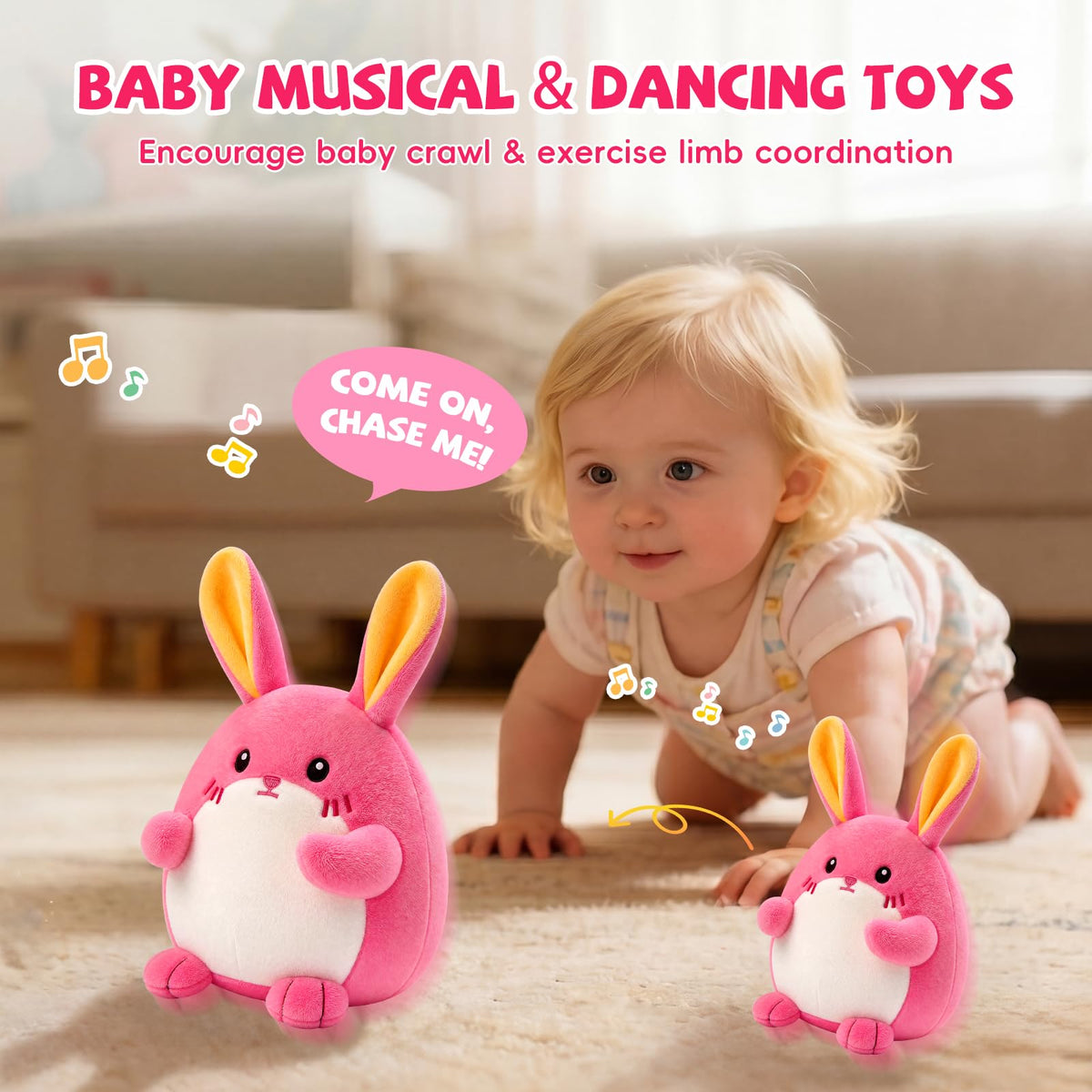 SAIMAND Pink Crawling Musical Bunny Baby Toy, Adorable Gift for Babies 1-3