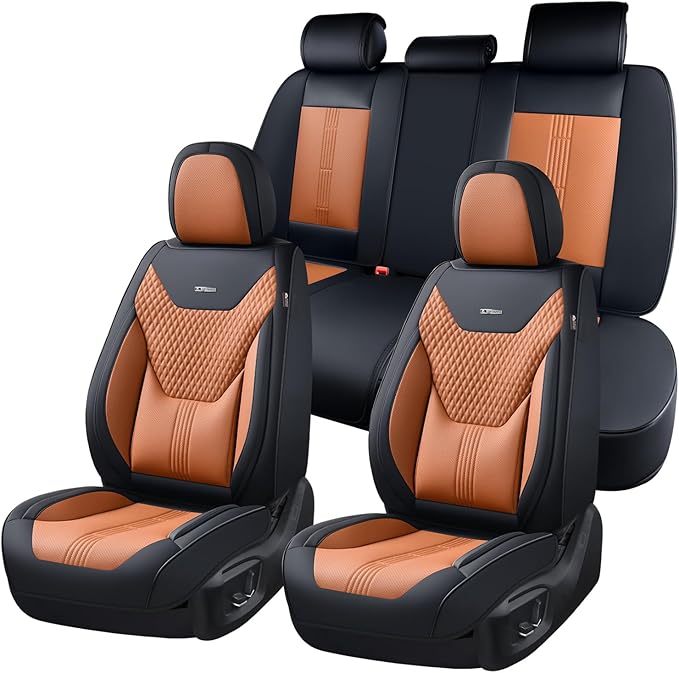 Coverado Car Seat Covers Full Set, Front Seat Covers with Lumbar Support and Back Seat Cover Waterproof Leather Automotive Seat Cover, Universal Car Interior Protectors Cushion for Most Cars
