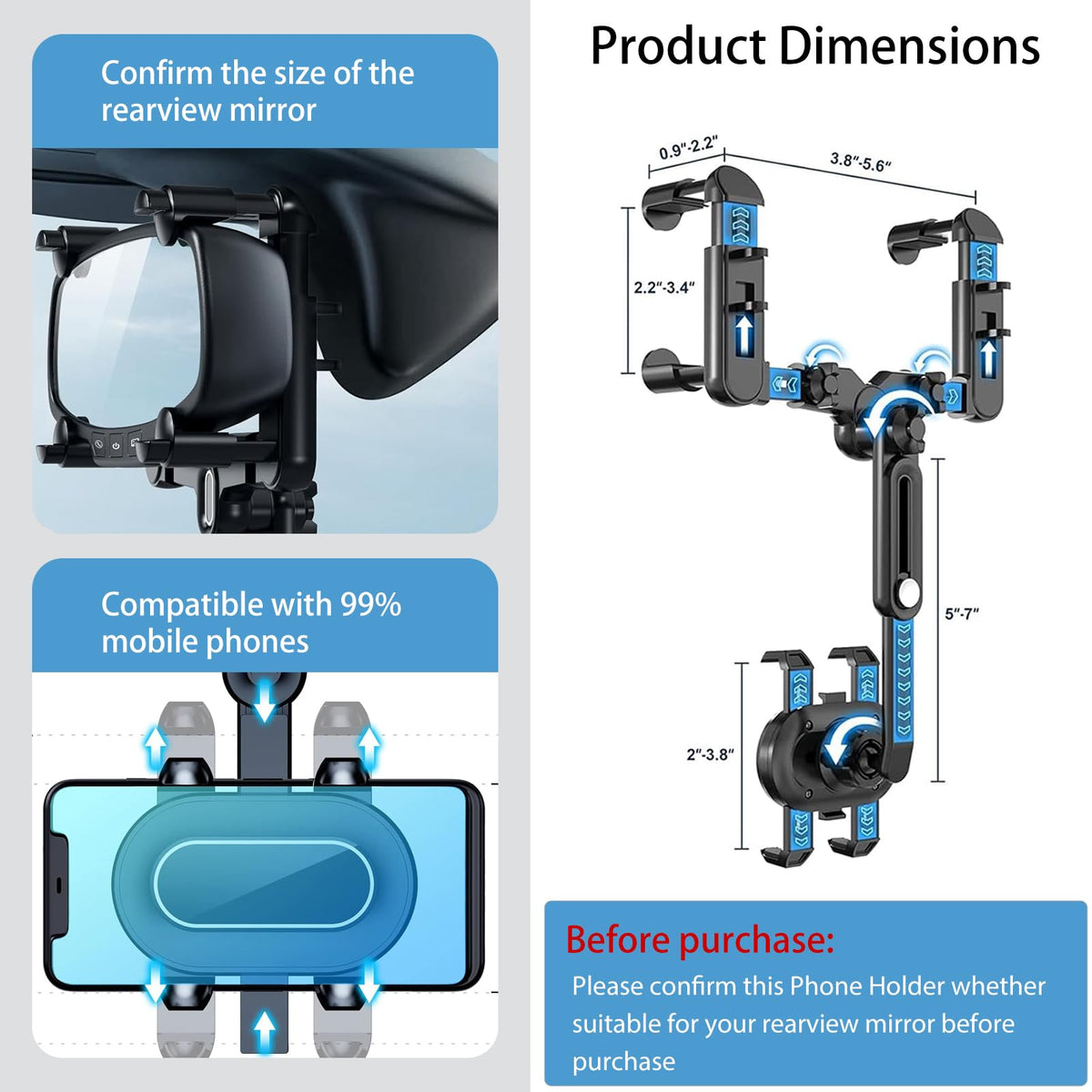 ILKCC Rearview Mirror Phone Holder for Car, 360° Rotating and Retractable Multifunctional Rear View Phone Mount, Upgraded Four Corners Fixed Anti-Shake Fit All Smartphones & Bigger Vehicle