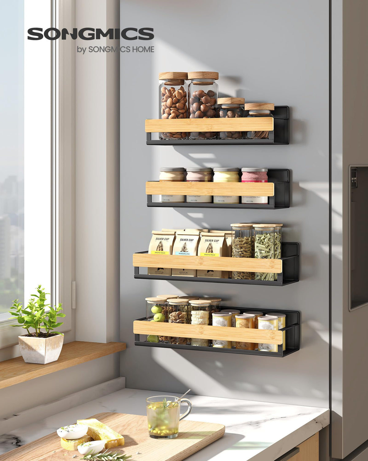 SONGMICS 4-Pack Strong Magnetic Real Bamboo Spice Racks for Fridge