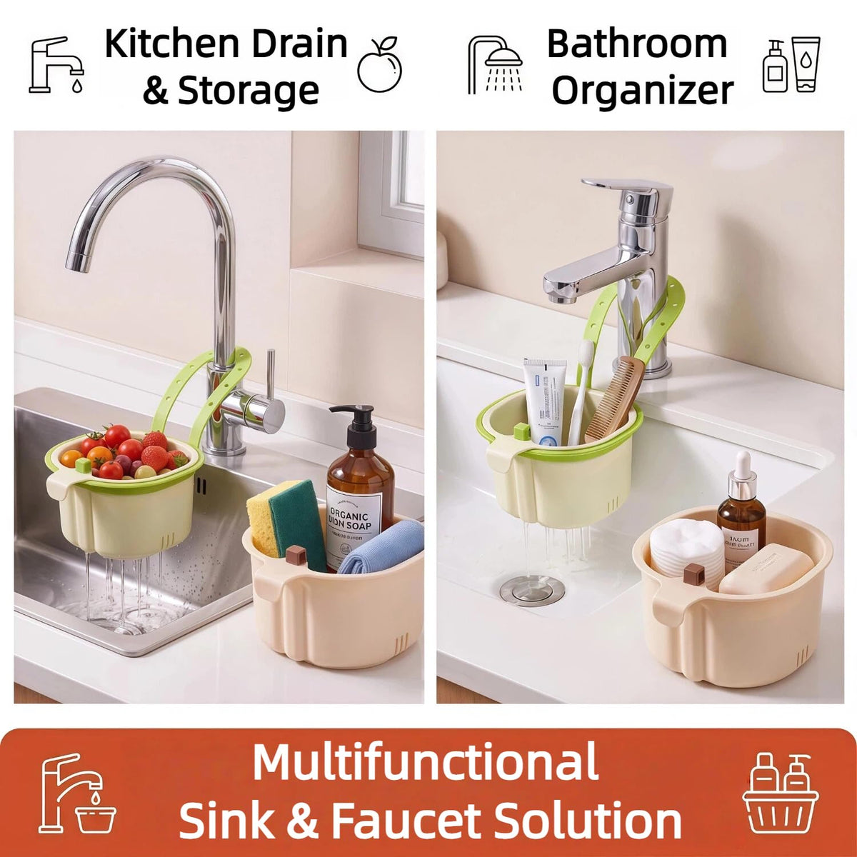 One-Click Hanging Sink Drain Basket, No-Touch Kitchen Sink Strainer Basket with Adjustable Faucet Strap, Fine Mesh Food Catcher for Food Waste, Fast Drainage, Dishwasher Safe, Fits All Kitchen Sinks