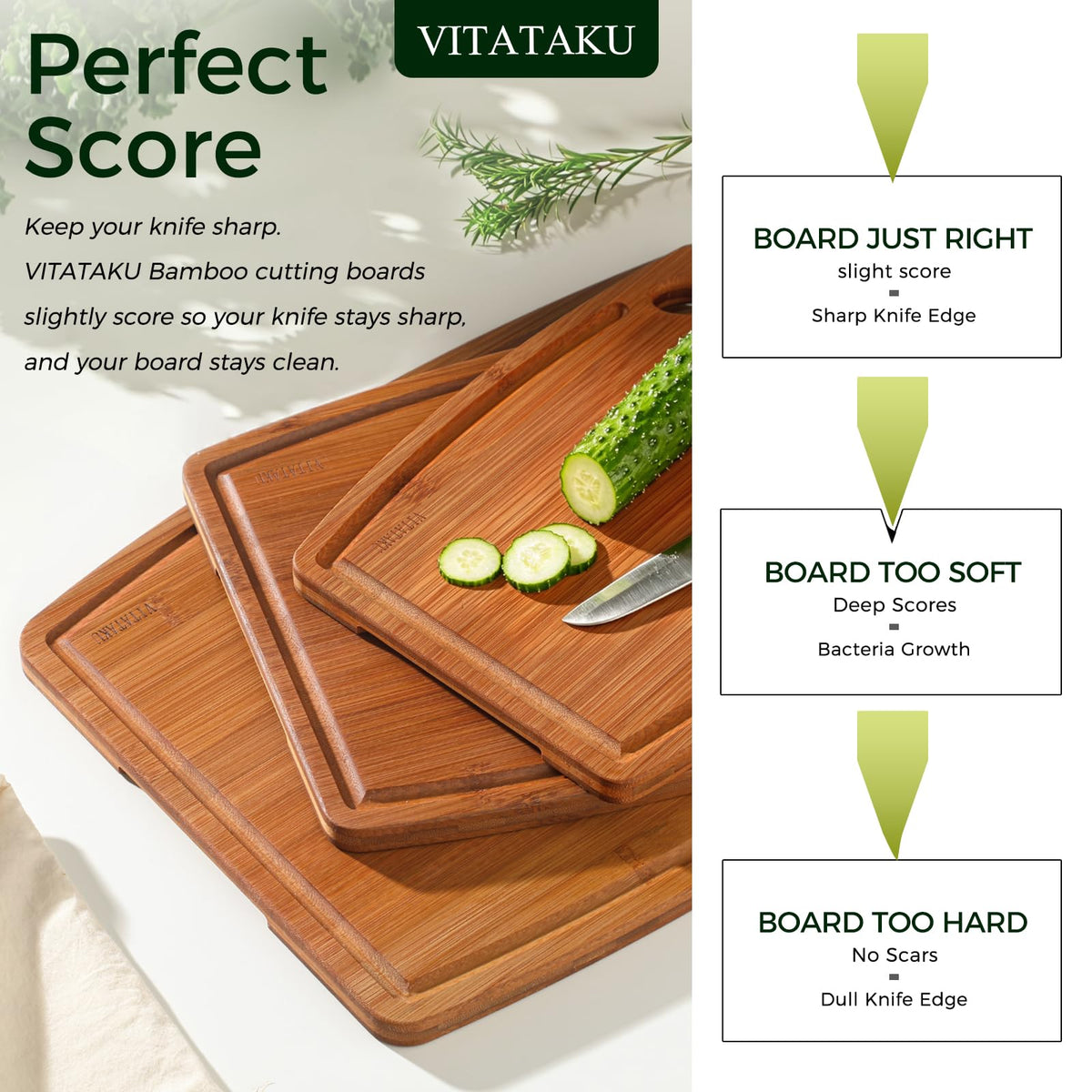 VITATAKU Bamboo Cutting Board Set, Wood Cutting Boards for Kitchen