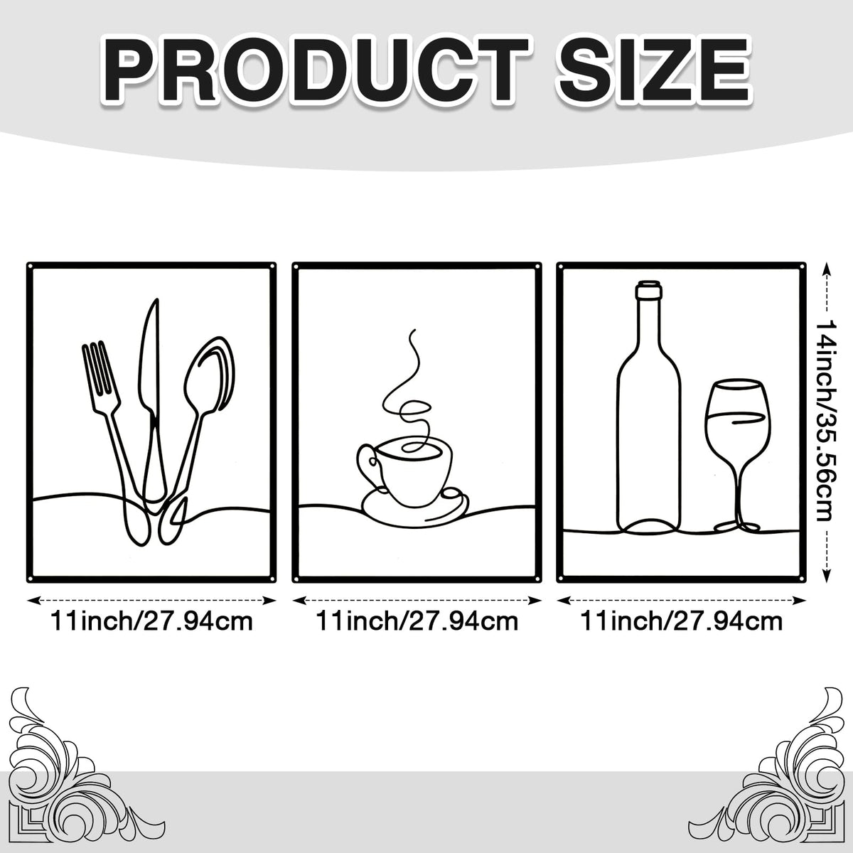 Otoolling 3 Pcs Metal Kitchen Wall Art Line 14x11,Dining Room,Black