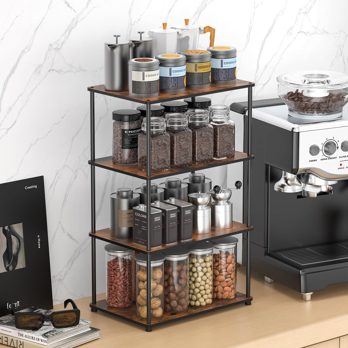 OneAhead Design Countertop Spice Rack, Stackable Wood & Metal Pantry Cabinet Shelf Organizer Storage, 4-Tier or Split into 2×2-Tier, Multi-Use for Kitchen Bathroom Desktop Home Office, Rustic Brown
