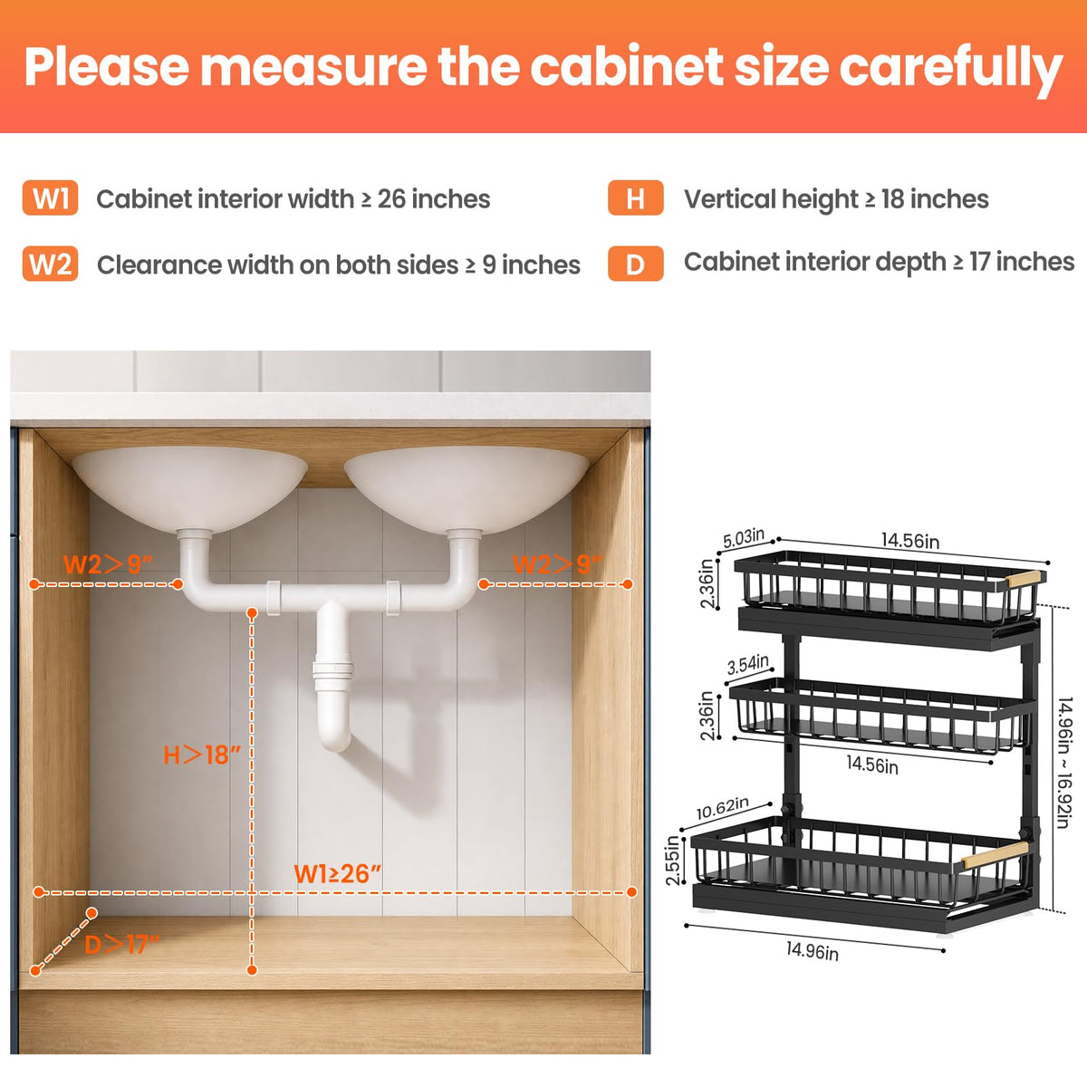 Under Sink Organizer and Storage for Bathroom and Kitchen - 2 Pack 3 Tier