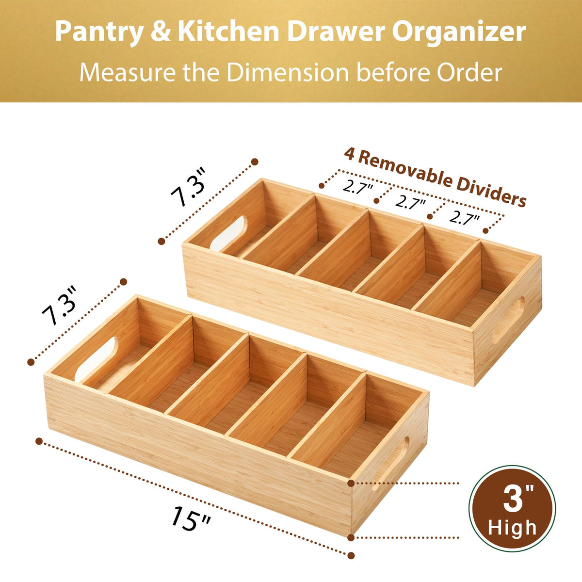 Umilife Large Bamboo Pantry Organizers and Storage Bins with Removable Dividers, Kitchen Drawer Cabinet Countertop Organization for Snack, Spice Packets, Teabags, Seasoning Pouches (2 Pack)