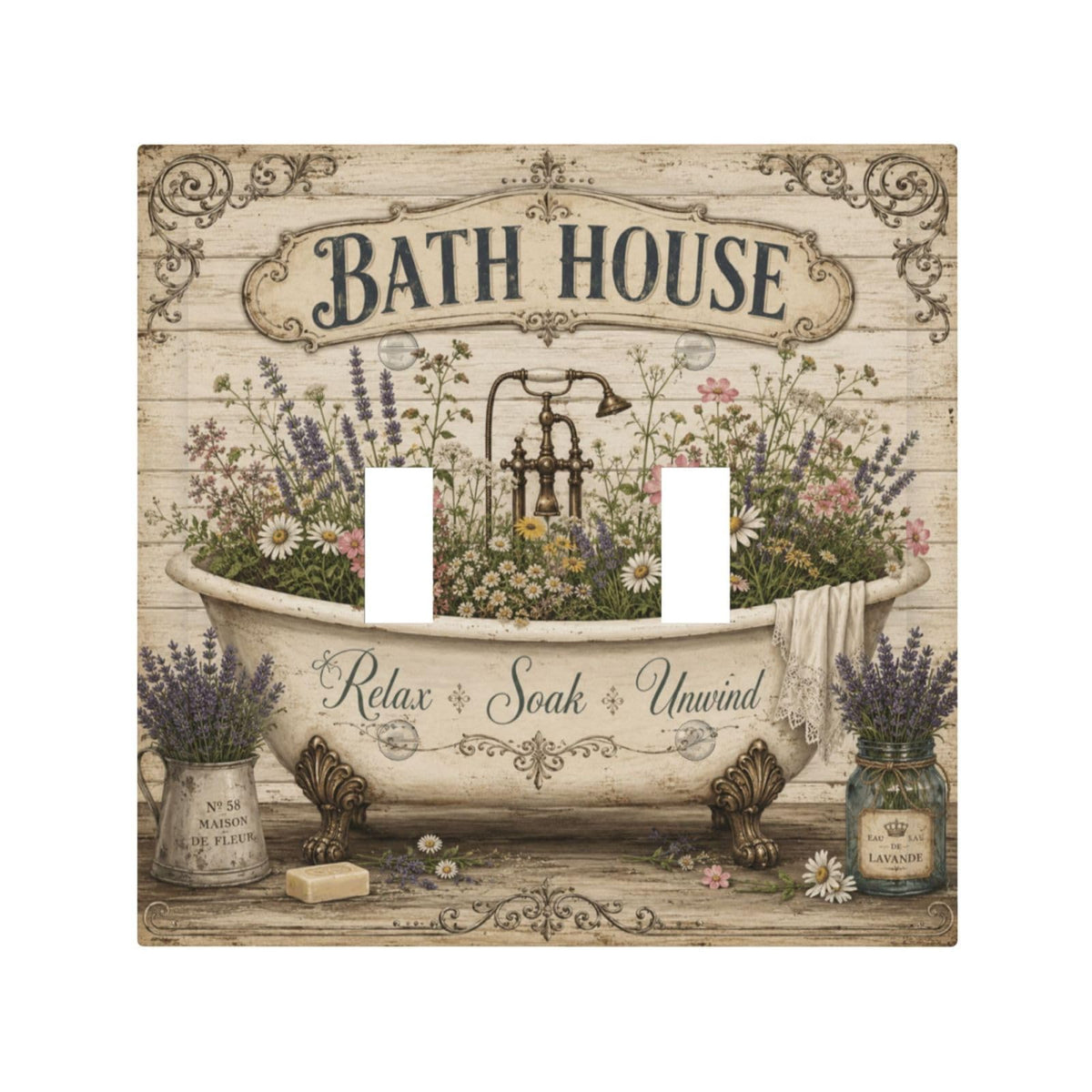 VBHUYG Decorative Light Switch Cover Plate Rustic Clawfoot Tub with Lavender Wildflowers 2 Gang Outlet Covers Double Toggle Wall Plates for Electrical Switch Plate Covers Faceplate for Home Decor
