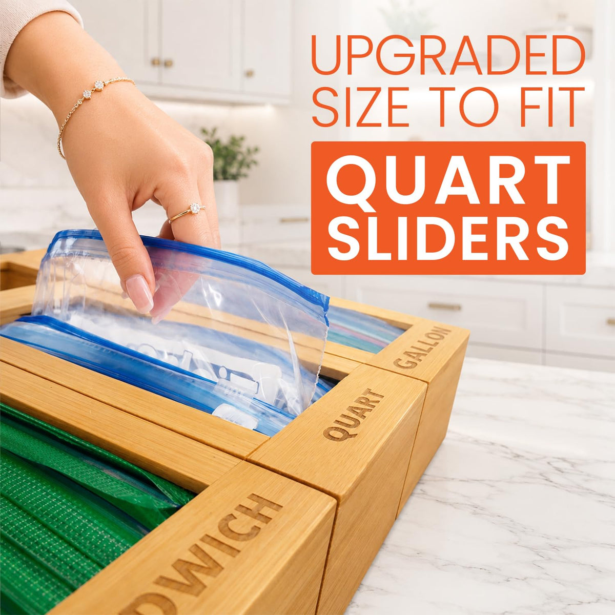 mHomeAid Bag Storage Organizer - Bamboo Food Plastic Baggie Holder, Dispenser, and Container for Kitchen Drawer - Fits Ziplock and Ziploc Gallon, Quart, Sandwich & Snack Sized Slider Bags (Bamboo)