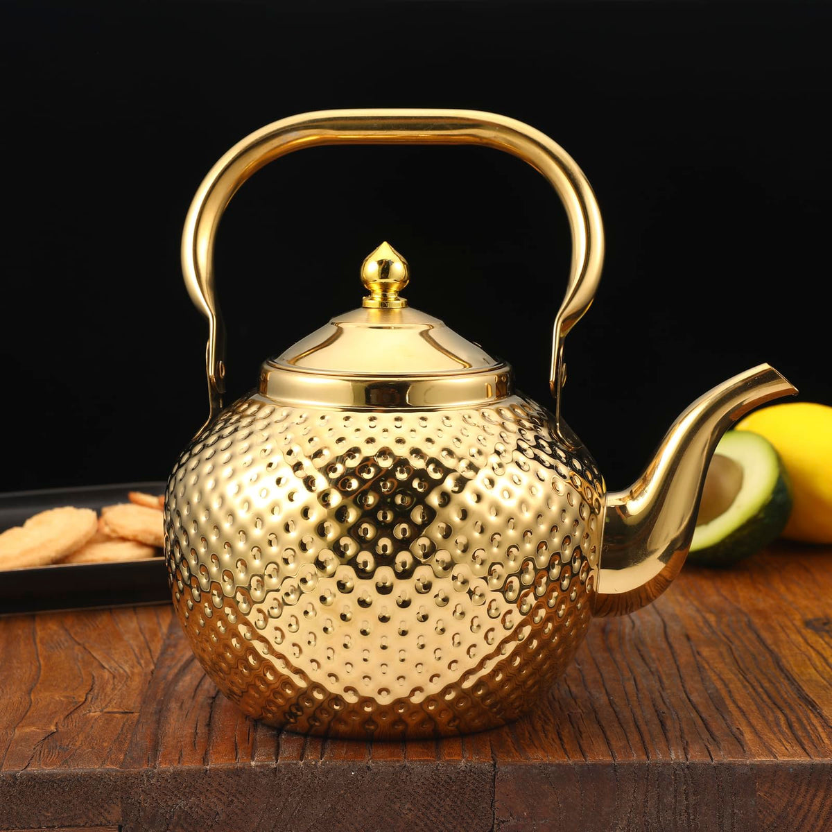 Alunsito Teapot for Stove Top, Stovetop Tea Kettle, Food Grade Stainless Steel Tea Kettle, 2.1qt Metal Tea Pot with Tea Strainer for Easy Tea, Coffee, Gold, 2 Liters