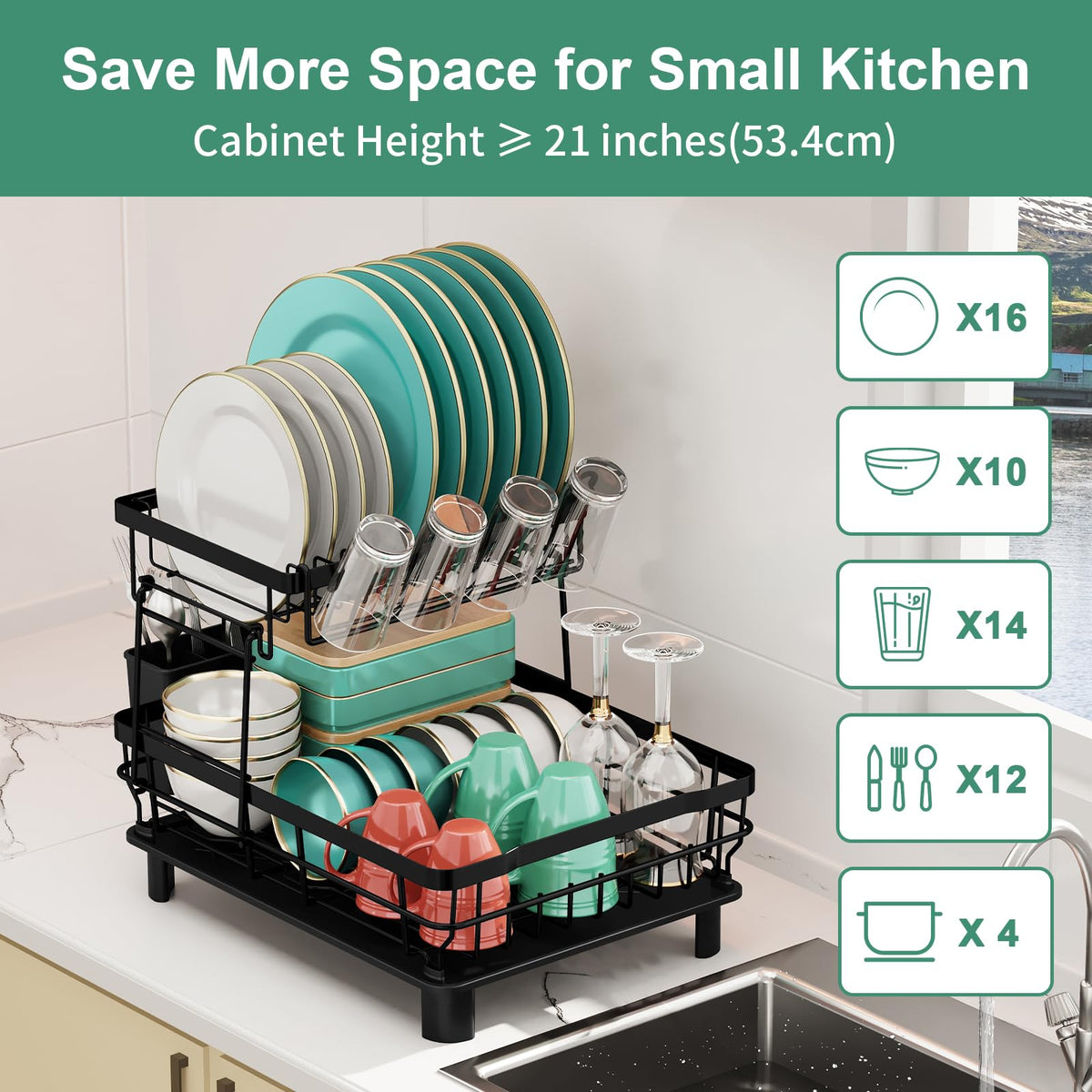 MOUKABAL 2 Tier Dish Drying Rack with Drainboard for Kitchen Counter, Black