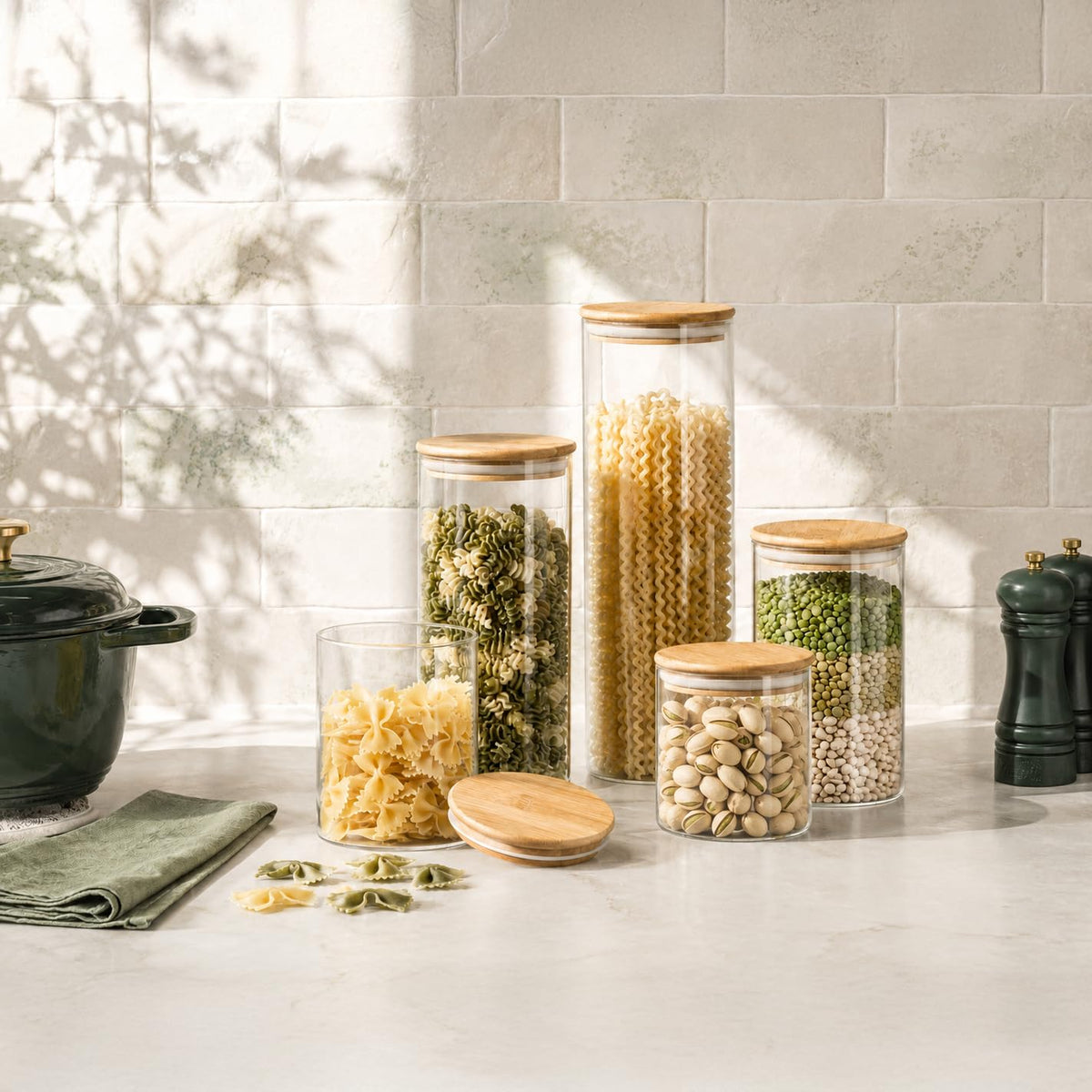 Set of 5 Glass Kitchen Canisters with Airtight Bamboo Lid - Glass Storage Jars for Pantry Organization and Bathroom for Flour, Coffee, Cookie Jar, Candy, Snack, Pasta, Rice, Sugar Packet Holder