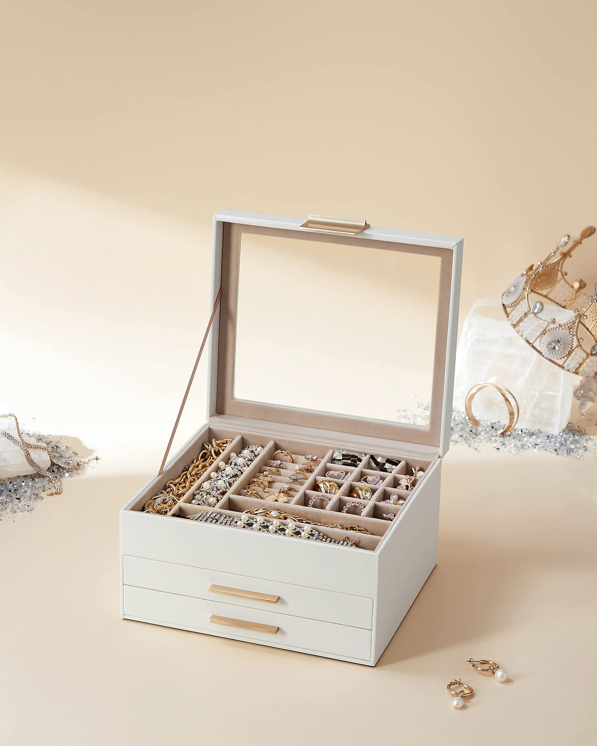 SONGMICS Jewelry Box Organizer, 3-Layer Storage with 2 Drawers, Glass Lid