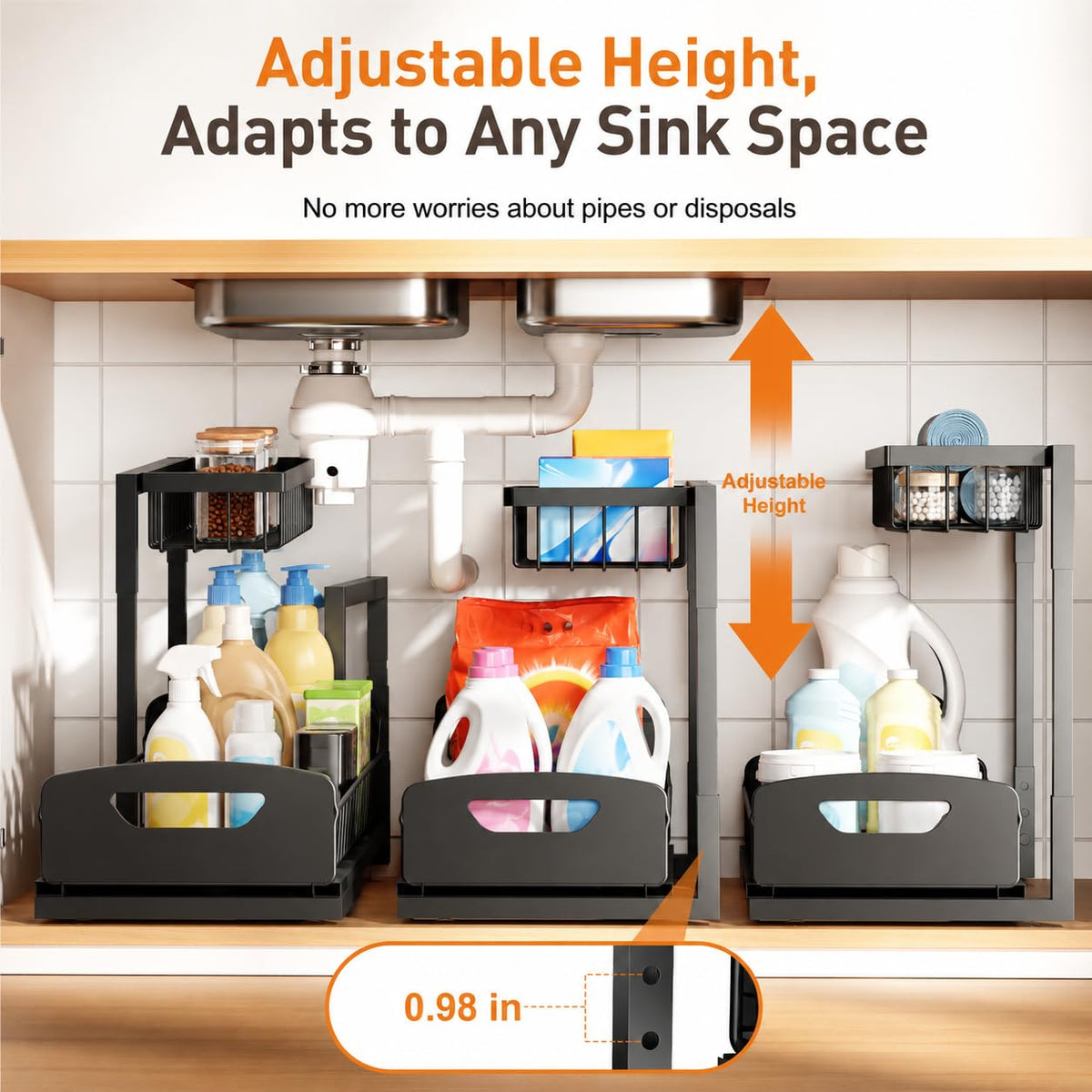Under Kitchen Sink Organizer, Metal Pull Out Bathroom Organizers and Storage, 2-Tier Cabinet Organizer Shelf with Sliding Drawer, Home Organization for Kitchen, Laundry, Pantry, Black, 2 Pack