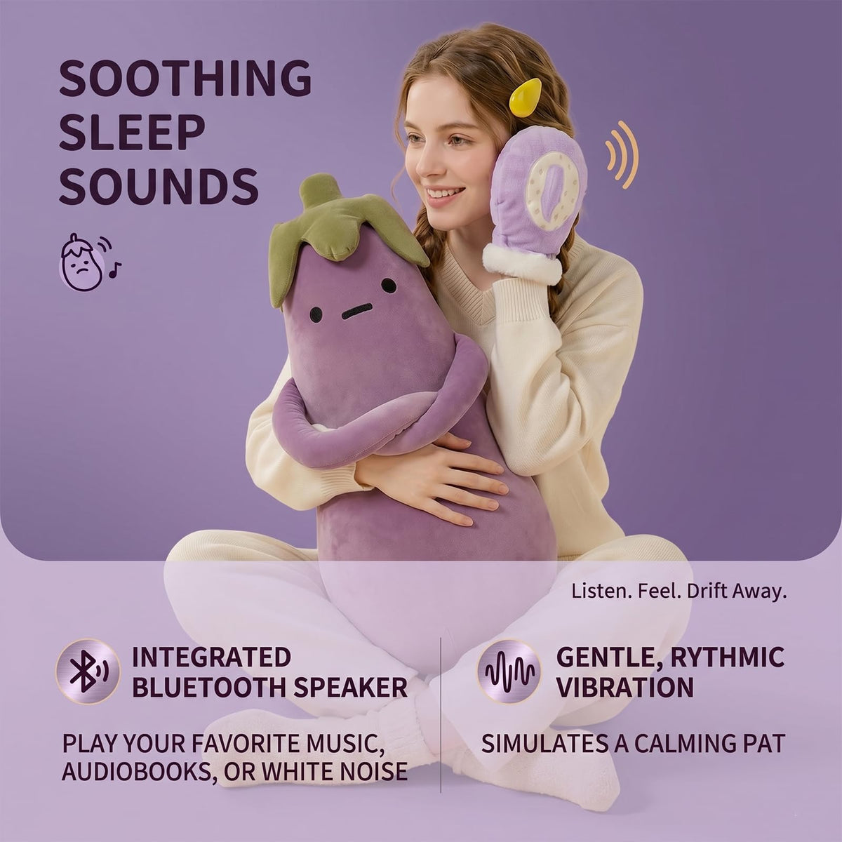 Eggplant Hugging Pillow,Eggplant Patting Pillow with RC Heat&Pat Arm+Bluetooth Voice Recording,Long Leg Hugger Sleep Cuddle Pillows,Adult Ultimate Sleeping Buddy (Tapping Model, S:27 * 7 * 7.5in)