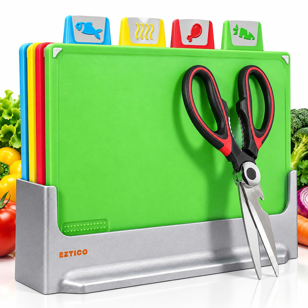 Cutting Board Set 12"L x 9"W: 4-Piece Color-Coded, Non-Slip, BPA-Free, Perfect kitchen essentials for new home, Dishwasher Safe with Premium Scissors & Chopping Board Organizer, Quality kitchen stuff.