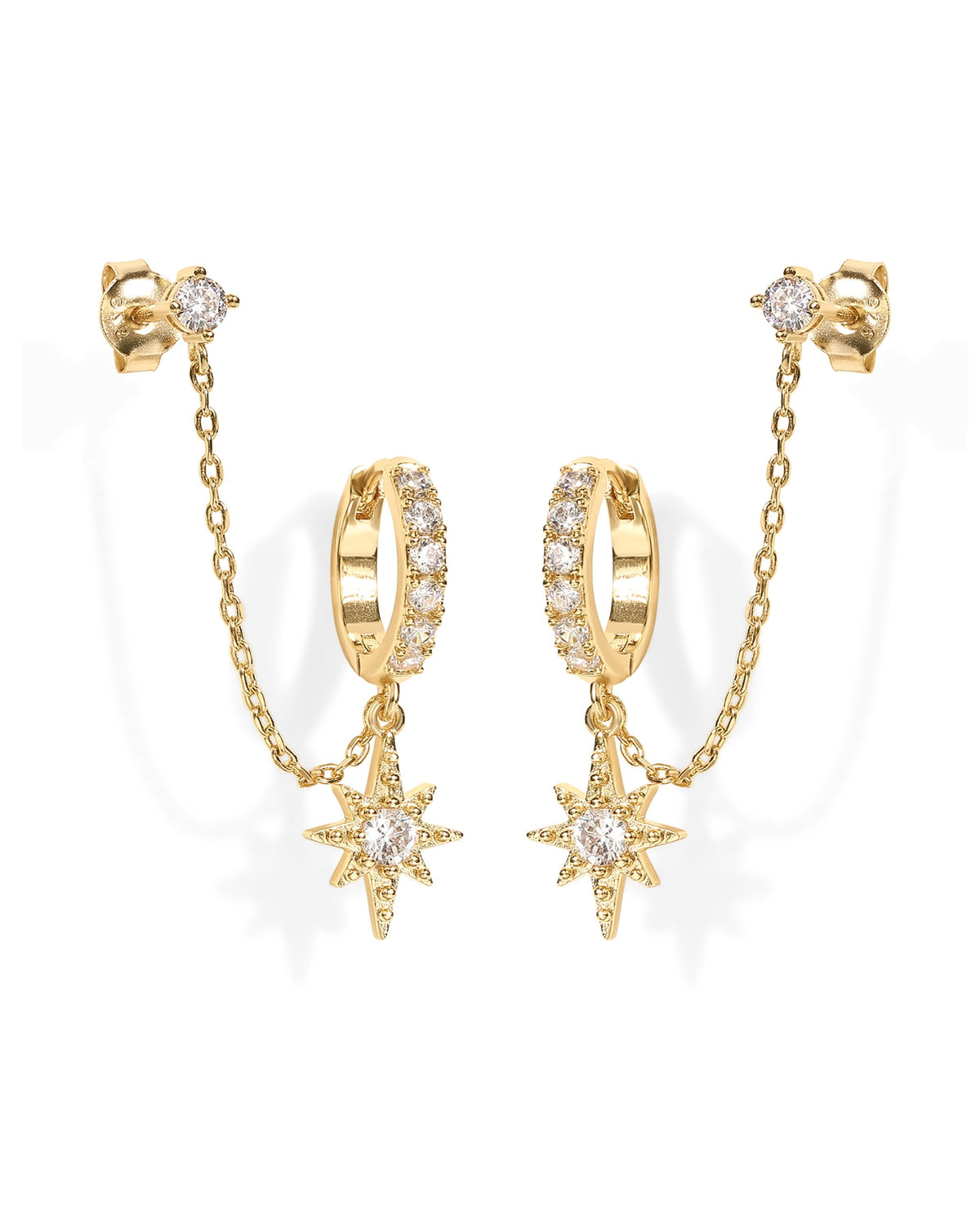 PAVOI CZ Dangle Chain Earrings Women, Star Gold Plated Double Hoop & Stud
