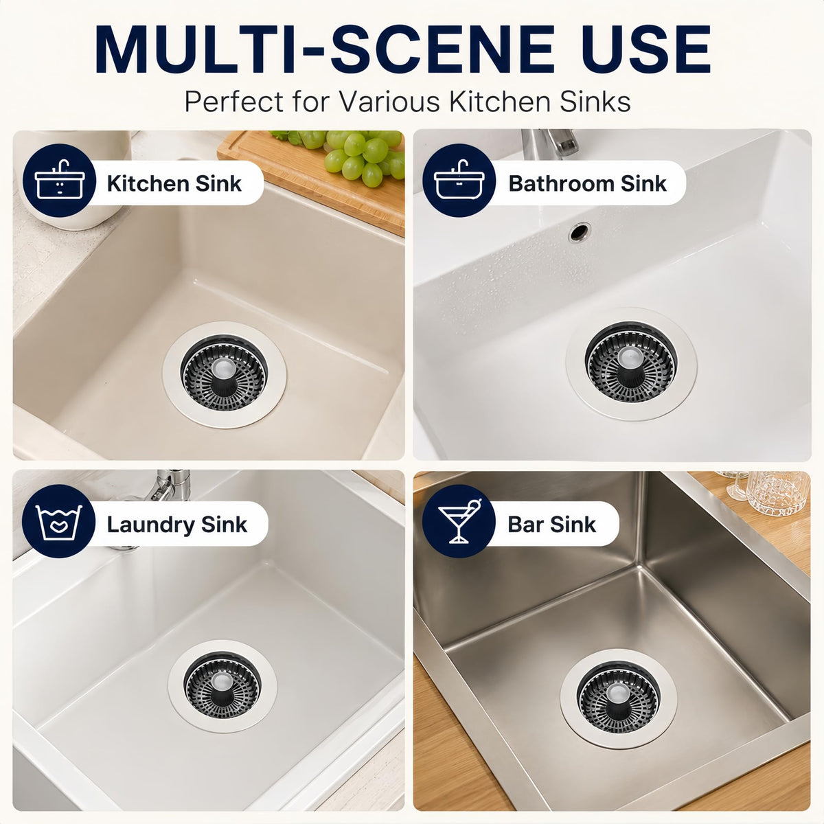 2PCS Kitchen Sink Stopper, 3-in-1 Pop Up Sinks Strainer Basket, Rust-Proof