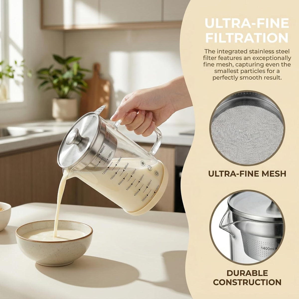 Kichvoe 1.5L Glass Pitcher with Fine Mesh Strainer & Scale: Bacon Grease Container Food Strainer Soy Milk Filter Teapot with Lid For Oil Milk Juice Water Tea Beverages