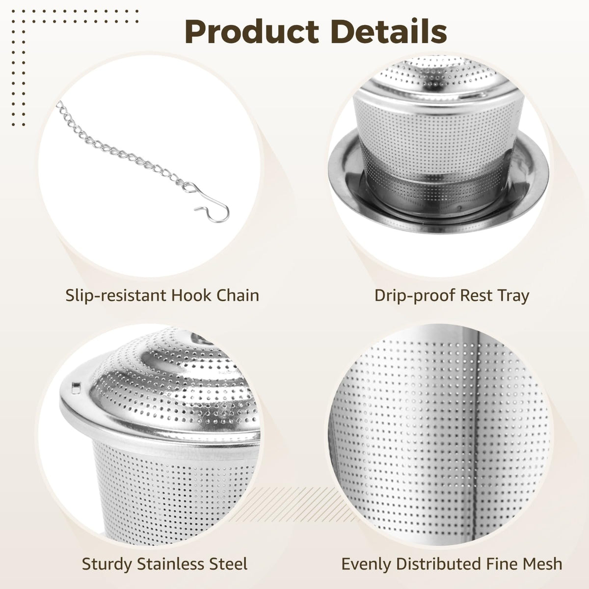 9 Pcs Stainless Steel Tea Infusers, Mesh Loose Leaf Tea Strainers, Mesh Strainer with Drip Trays and Hook Chain, Ideal for Cups, Mugs, Teapots