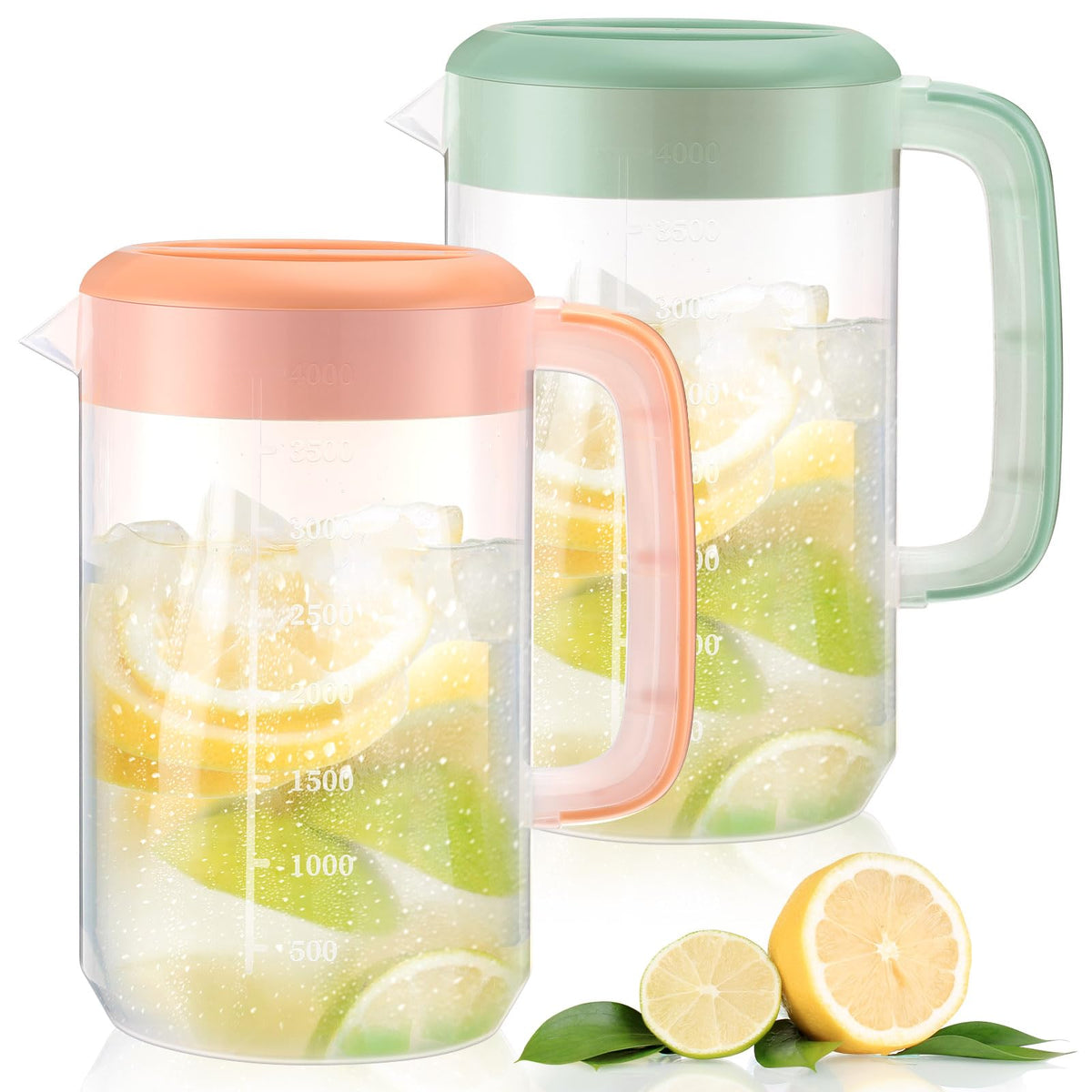 2Pcs Plastic Pitcher with Lid Large Clear Water Carafe Jug Ice Tea Pitcher Lemonade Juice Beverage Jar with Strainer Cover Handle Measurements for Hot Cold Coffee Drink (Pink, Green,1 Gallon/4L)
