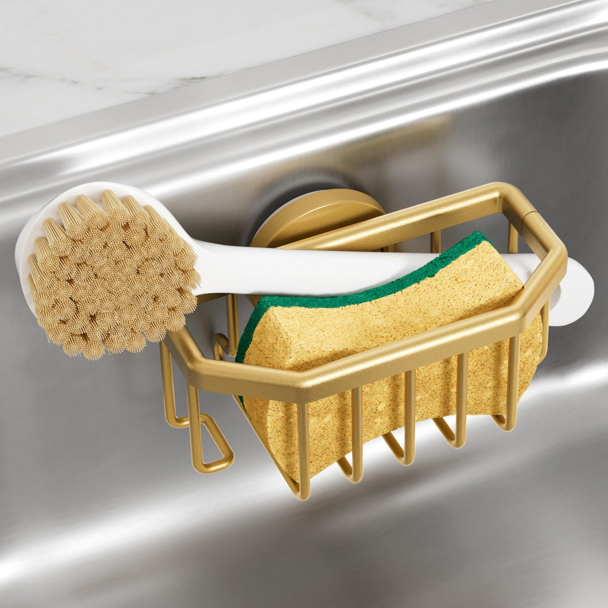 TAILI Sponge Holder for Kitchen Sink with Suction Cup-Gold, Aluminum