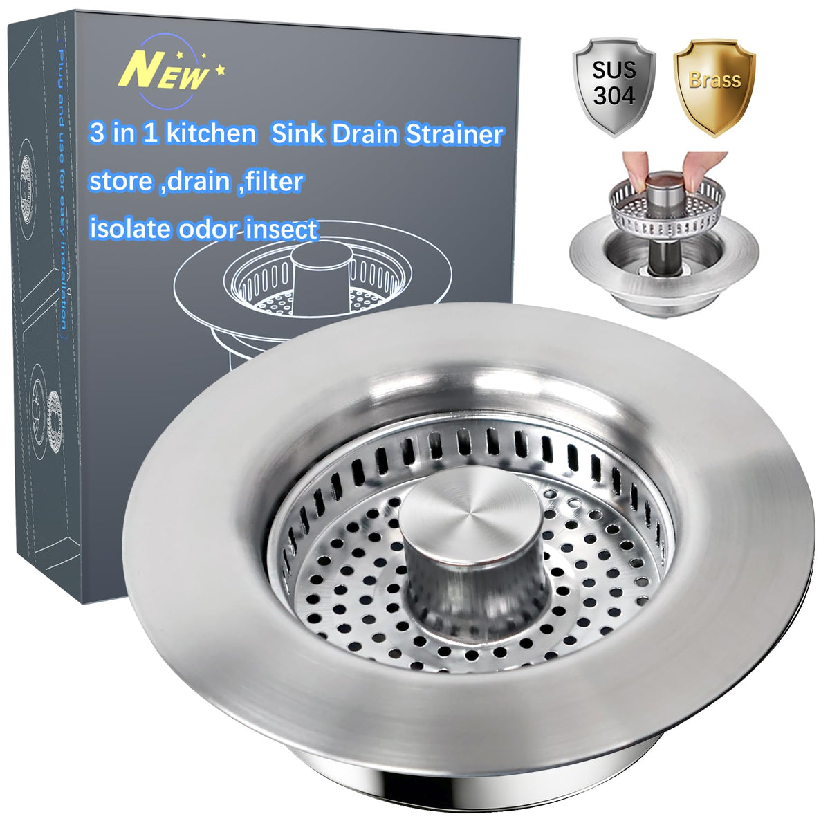 Sink Drain Strainer - Sink Stopper for Kitchen Drain,3 in 1 Kitchen Sink Drain Strainer with Anti Clogging Basket, Easy to Install Kitchen Sink Stopper for US Standard 3-1/2” Drain Hole