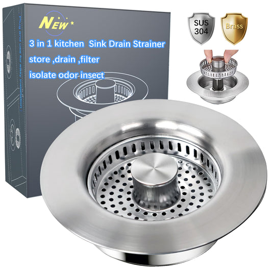 Sink Drain Strainer - Sink Stopper for Kitchen Drain,3 in 1 Kitchen Sink Drain Strainer with Anti Clogging Basket, Easy to Install Kitchen Sink Stopper for US Standard 3-1/2” Drain Hole