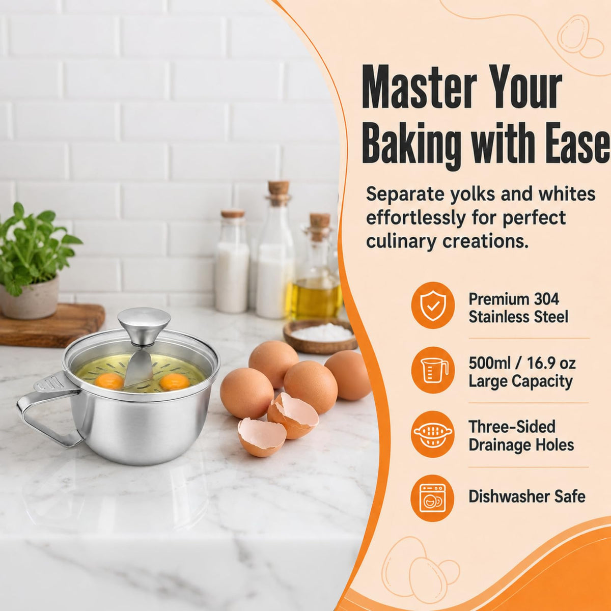Egg Yolk Separator with Bowl and Lid, 17 oz / 500 ml Bowl, 5-Egg Capacity
