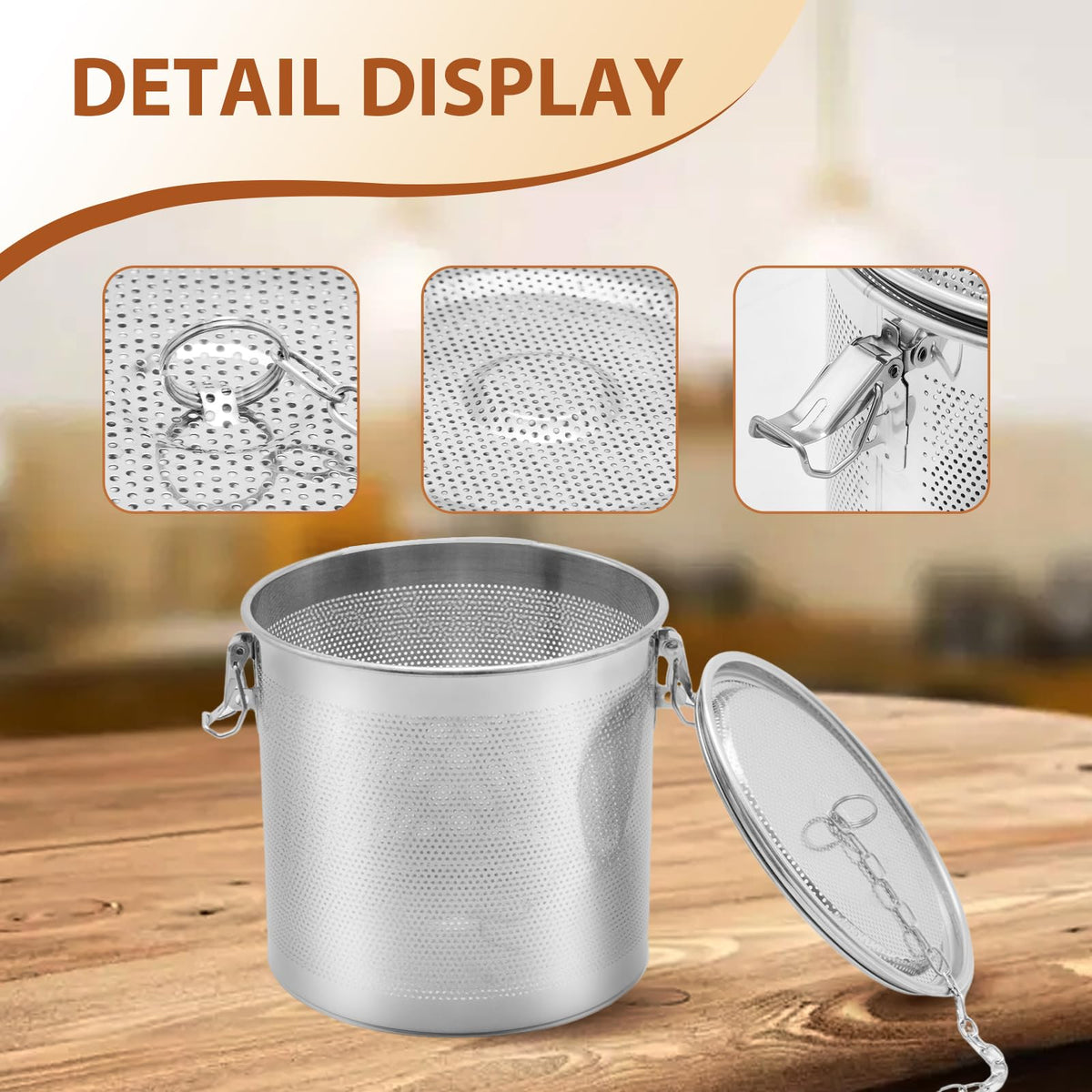MDEOOSKY Extra Large Tea Infuser with Threaded Lid & Chain Hook, 7.09"L x 7.09"W x 6.89"H Extra Fine Mesh Tea Strainers for Loose Leaf Tea,Cooking,Herbs,Iced Tea & Soup, Stainless Steel, 18x18x17.5cm