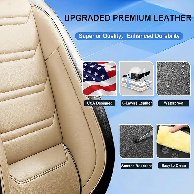 Fit Accord Car Seat Covers for Select Honda Accord 2012-2026 - Premium Full Coverage Leather, Airbag Compatible, Waterproof & All Weather Seat Protector, Front Pair Black+Beige