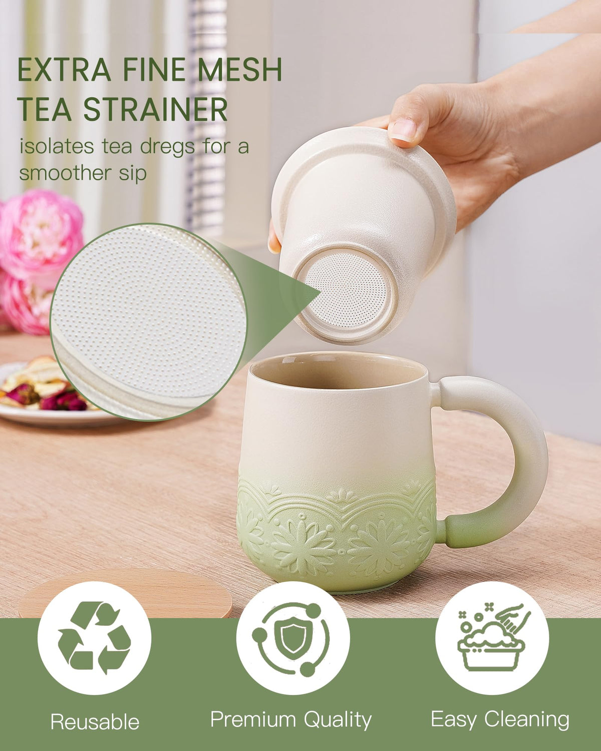 ZENS Tea Mug with Infuser and Lid for Loose Leaf Tea Steeper, 12oz Green