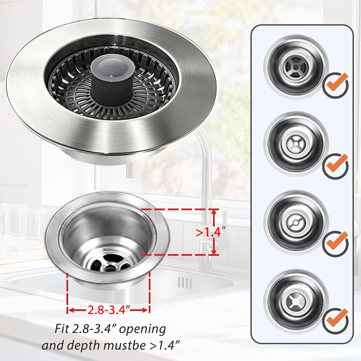 Anlige Kitchen Sink Drain Strainer, 3 in 1 Pop Up Kitchen Sink Stopper
