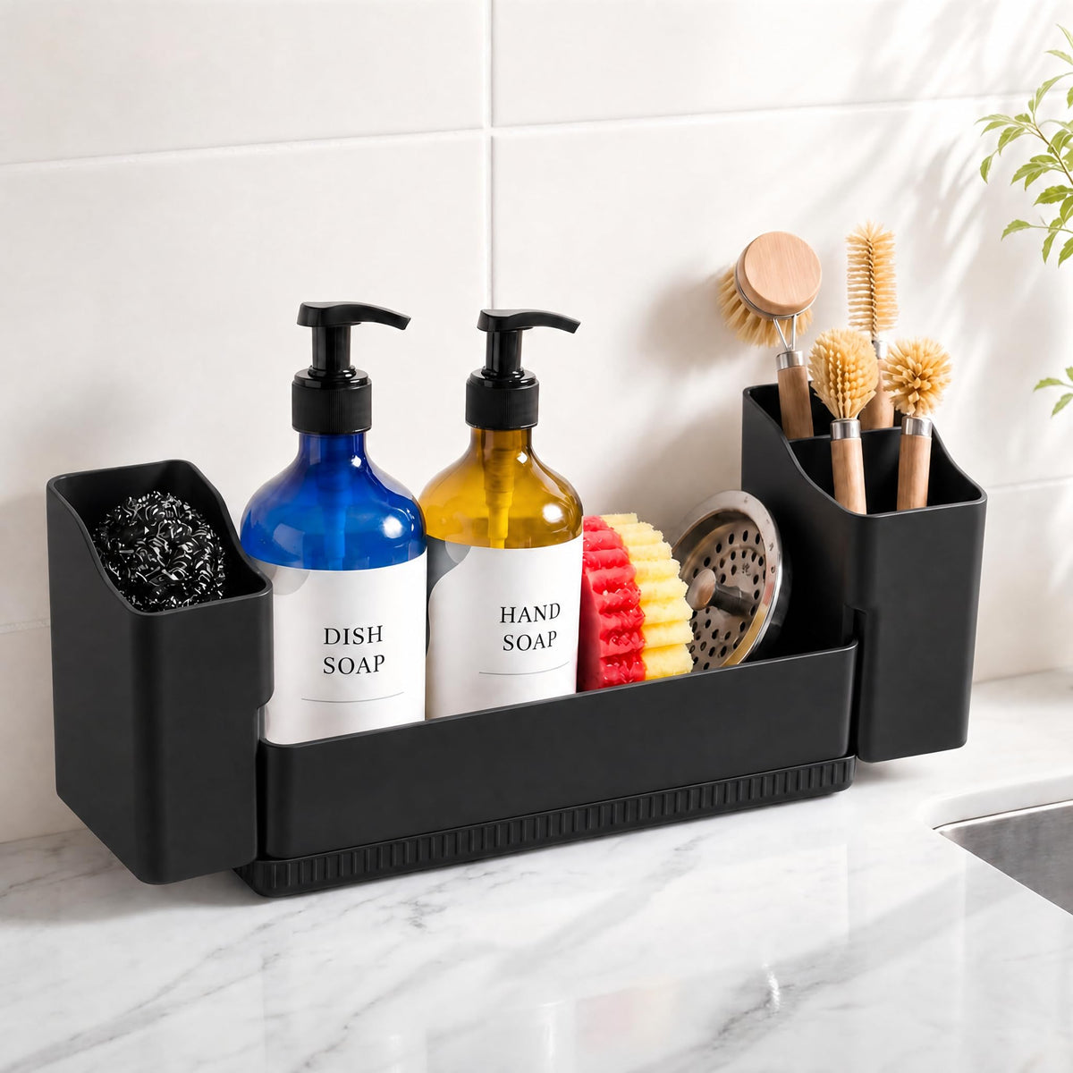 Sotfamily Sponge Holder for Kitchen Sink with Drying Stone, Black