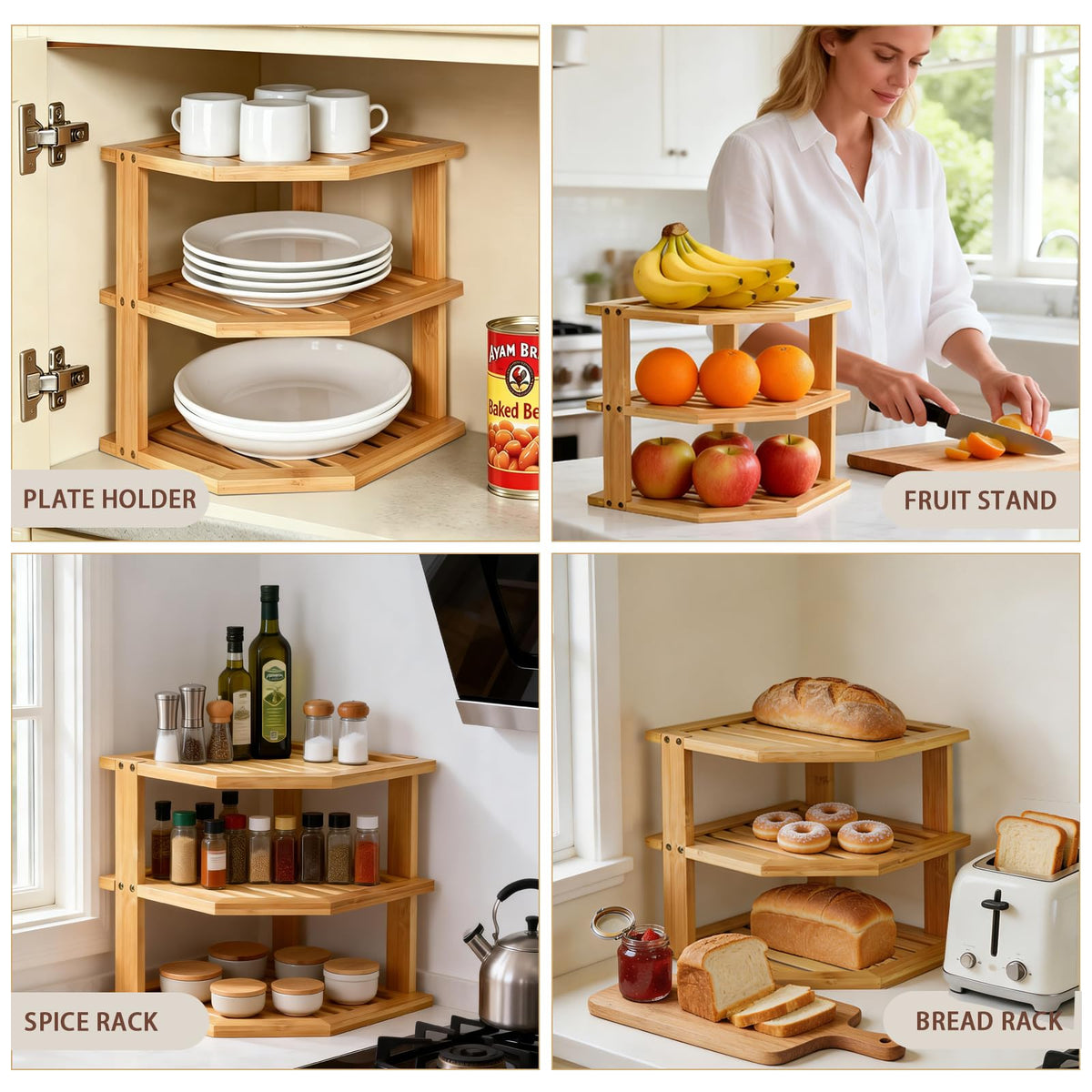 Bamboo Plate Organizer for Cabinet Set,3 Tier Corner Shelf & Plate Holder