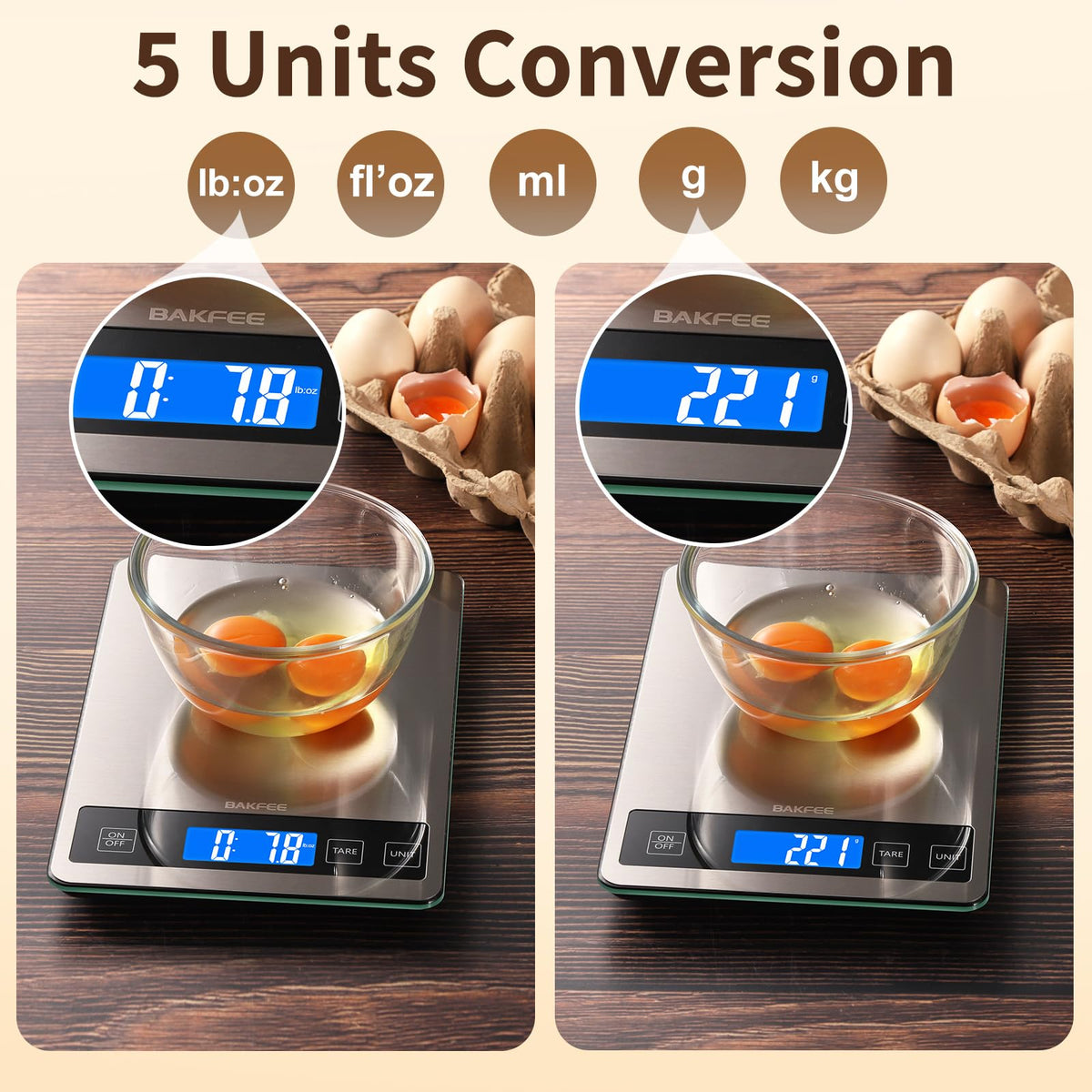 BakFee Food Scale, 33lb Kitchen Scale with 1g Precision, USB-C Rechargeable