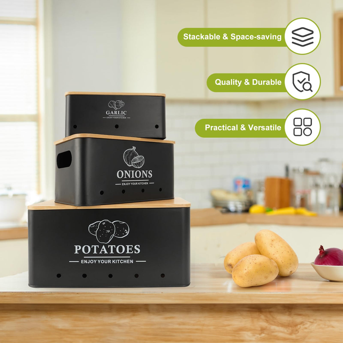 Dekosilave Kitchen Vegetable Storage Set of 3, Metal Onion Garlic Potato Storage Set, Kitchen Canisters Vegetable Keeper Containers with Aerating Holes and Bamboo Lid,Black