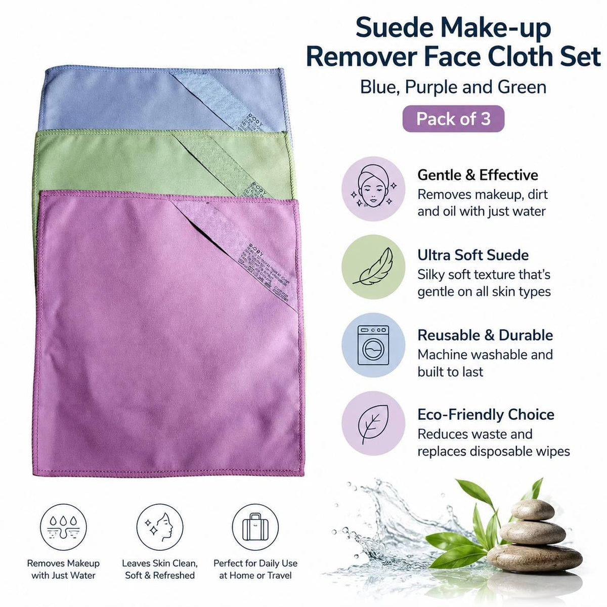 NΘrwex Suede Mke-up Remover Face Cloth Set, Blue, Purple and Green (Pack of 3)