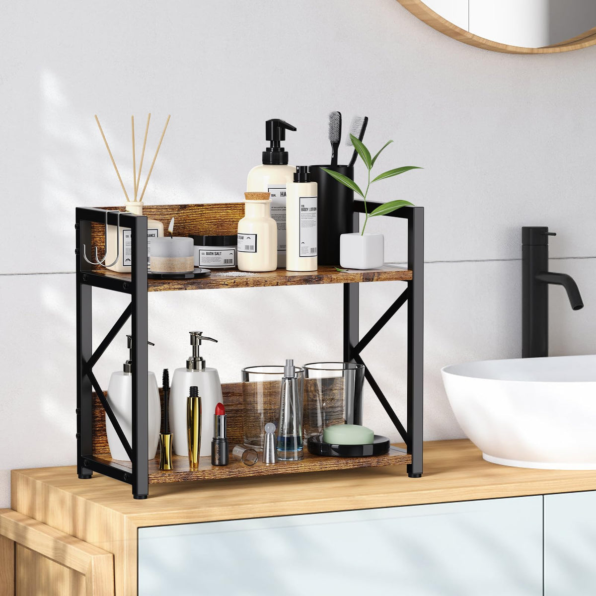 RUILALIFE 2 Tier Kitchen Counter Shelf Organizer, Coffee Bar Station Organizer for Countertop，Space Saving Spice Rack, Desk Shelf Riser, Coffee Bar Accessories(Rustic Brown, Medium)