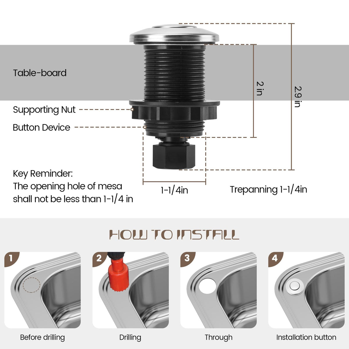Garbage Disposal Air Switch Kit Sink Top Waste Disposal Stainless Steel Polished On/Off Air Button Food and Waste Disposals Part by Etoolcity, UL Listed