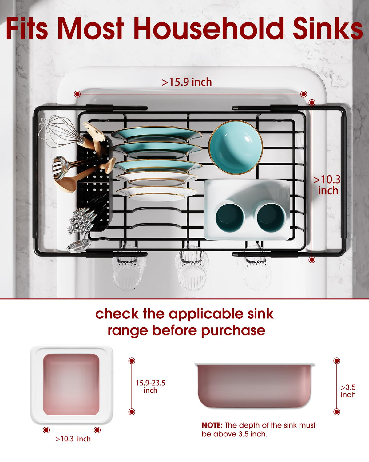 Sakugi Dish Drying Rack in Sink - Expandable Stainless Steel Dish Rack Over the Sink, Kitchen Sink Drain Strainer with Cutlery Holder & Cup Holders, 15.4 x 9.8 x 3.0 Inch, Black