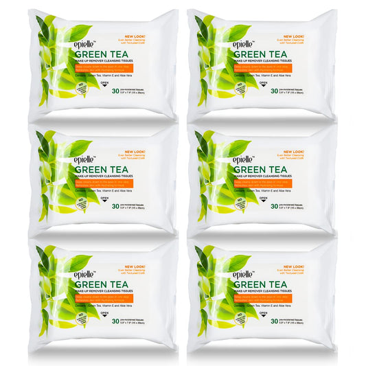 Epielle Green Tea Makeup Remover Wipes, Gentle Daily Facial Cleanser Towelettes, Remove Dirt, Oil & Waterproof Mascara, Stocking Stuffers, 30 Count (Pack of 6)